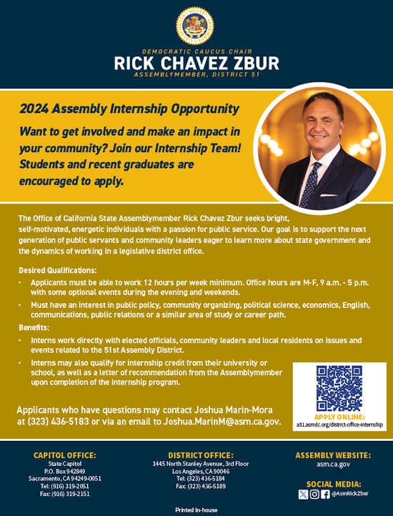 2024 Assembly Internship Opportunity flyer