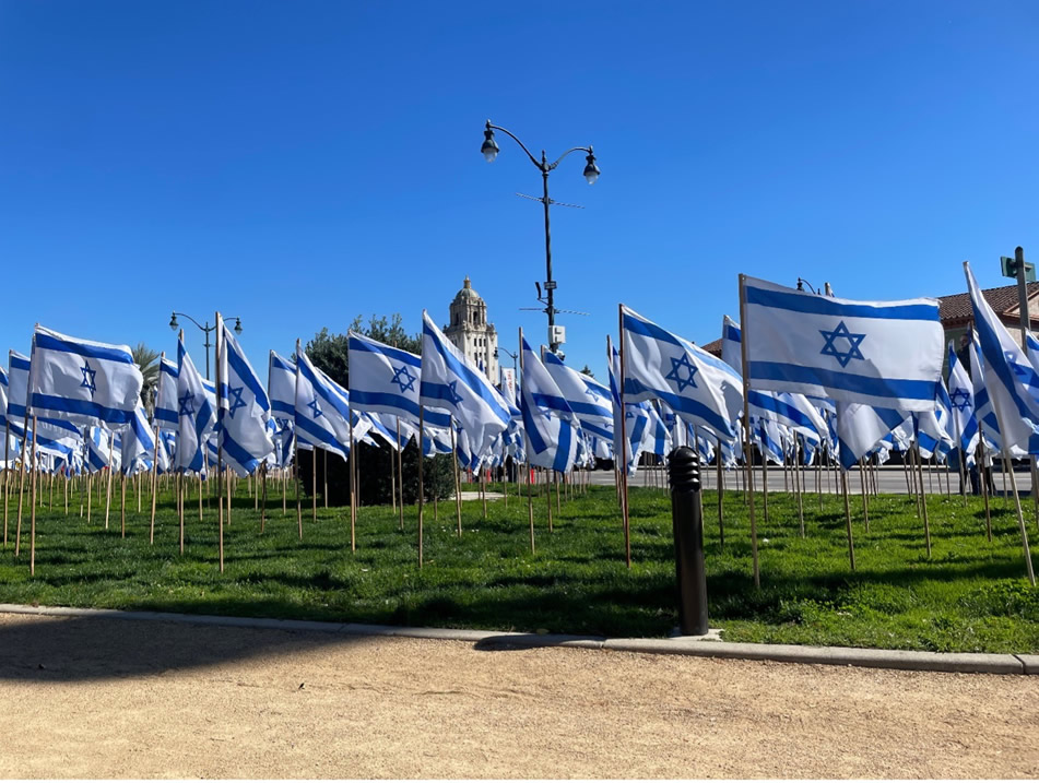 Multiple small Israeli flags on poles, planted in grass area