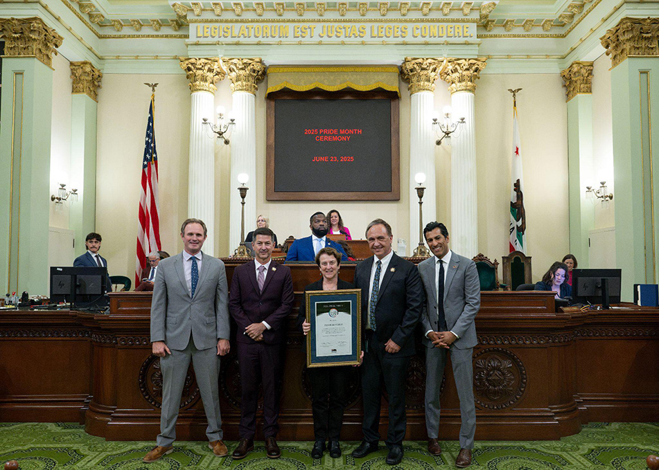 Asm. Zbur, Speaker Rivas and others honoring Jenny Pizer on the Assembly Floor
