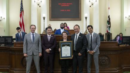 Asm. Zbur, Speaker Rivas and others honoring Jenny Pizer on the Assembly Floor